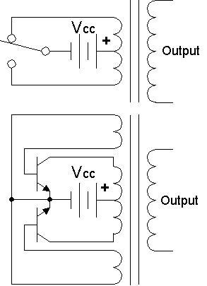  Em cima: Circuito inversor simples com interruptor eletromecnico e dispositivo equivalente automtico de auto comutao implementado com dois transistores e auto-transformador de enrolamento dividido no lugar do interruptor mecnico. 